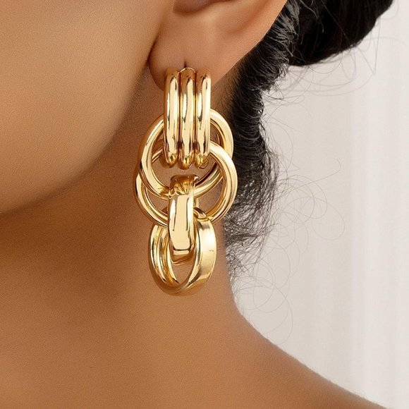 Gold Classy Exaggerated Long Statement Earrings - Picture 1 of 5